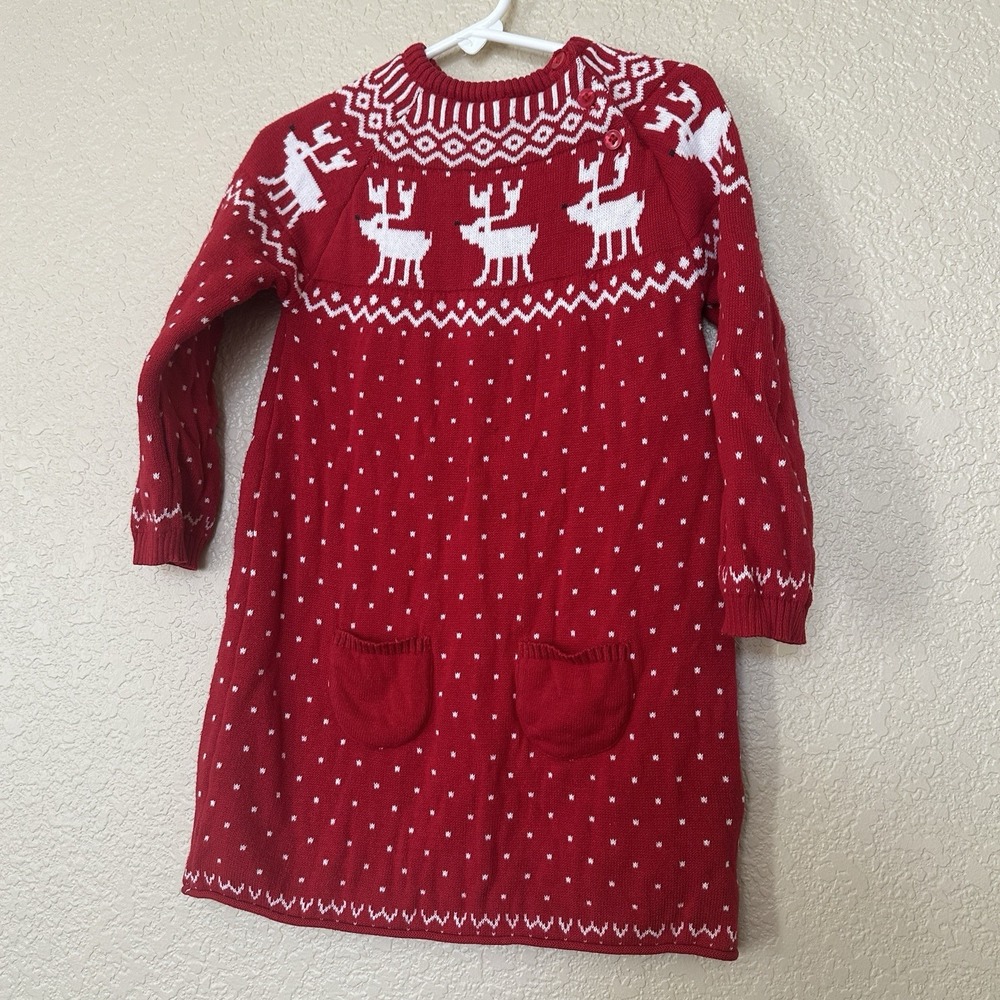 John Lewis 2-3 Year Girl's Red Reindeer snowflake Sweater Dress Festive Holiday